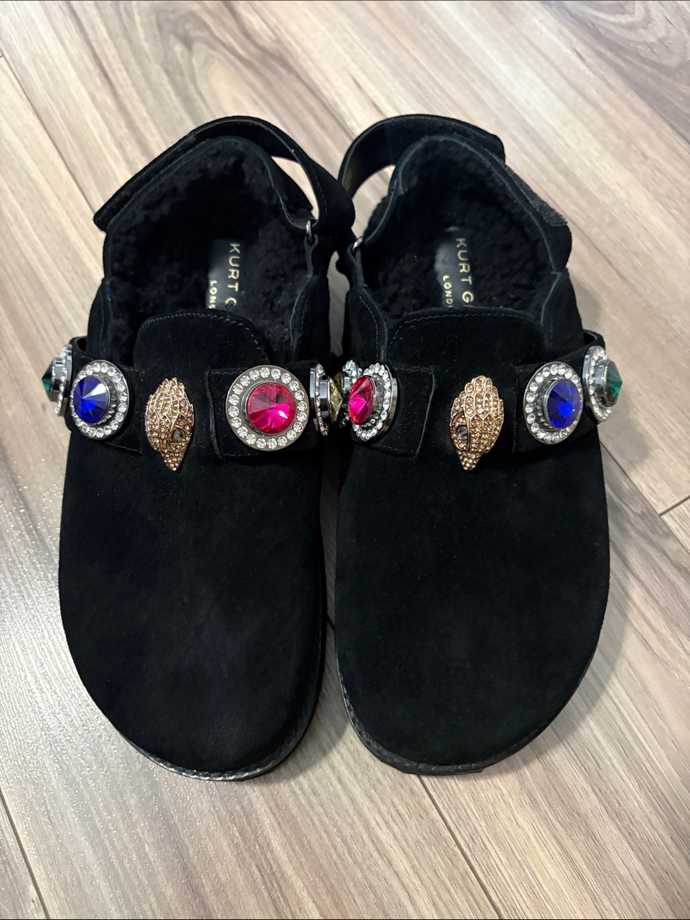 NWOT Kurt Geiger Black Suede Jeweled Slide Mules